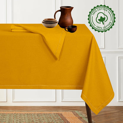 Tablecloth 52x70 Inches - 100% Cotton, Durable, Wrinkle-Free, Machine Washable Table Cover for Dining Room, Parties, Holiday, Events - Elegant, Easy Care, Home Décor - Mustard Yellow
