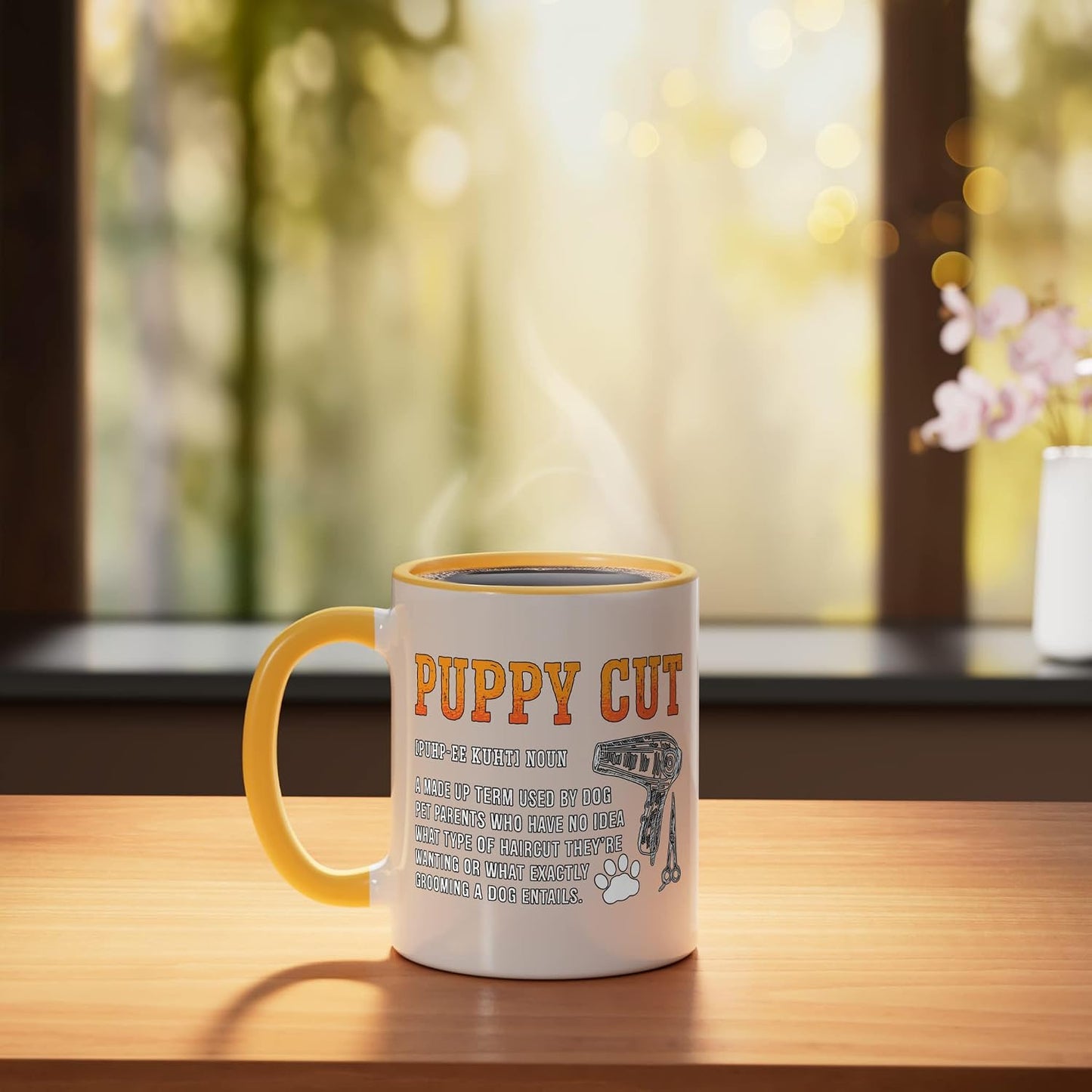Puppy Cut A Made Up Term Pet Care Animal Stylist Pet Groomer Ceramic Mug, Yellow/White
