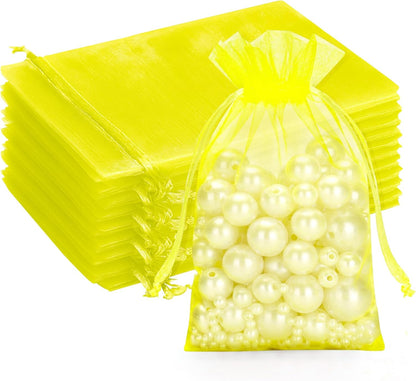 100PCS Yellow Organza Bags, 4x6 in Sheer Mesh Drawstring Bag | Jewelry Pouches, Small Tulle Candy Bag, for Christmas, Wedding Party Favors, Birthday, Holiday Packaging, Baby Shower