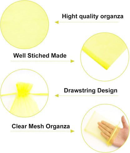 100PCS Yellow Organza Bags, 4x6 in Sheer Mesh Drawstring Bag | Jewelry Pouches, Small Tulle Candy Bag, for Christmas, Wedding Party Favors, Birthday, Holiday Packaging, Baby Shower