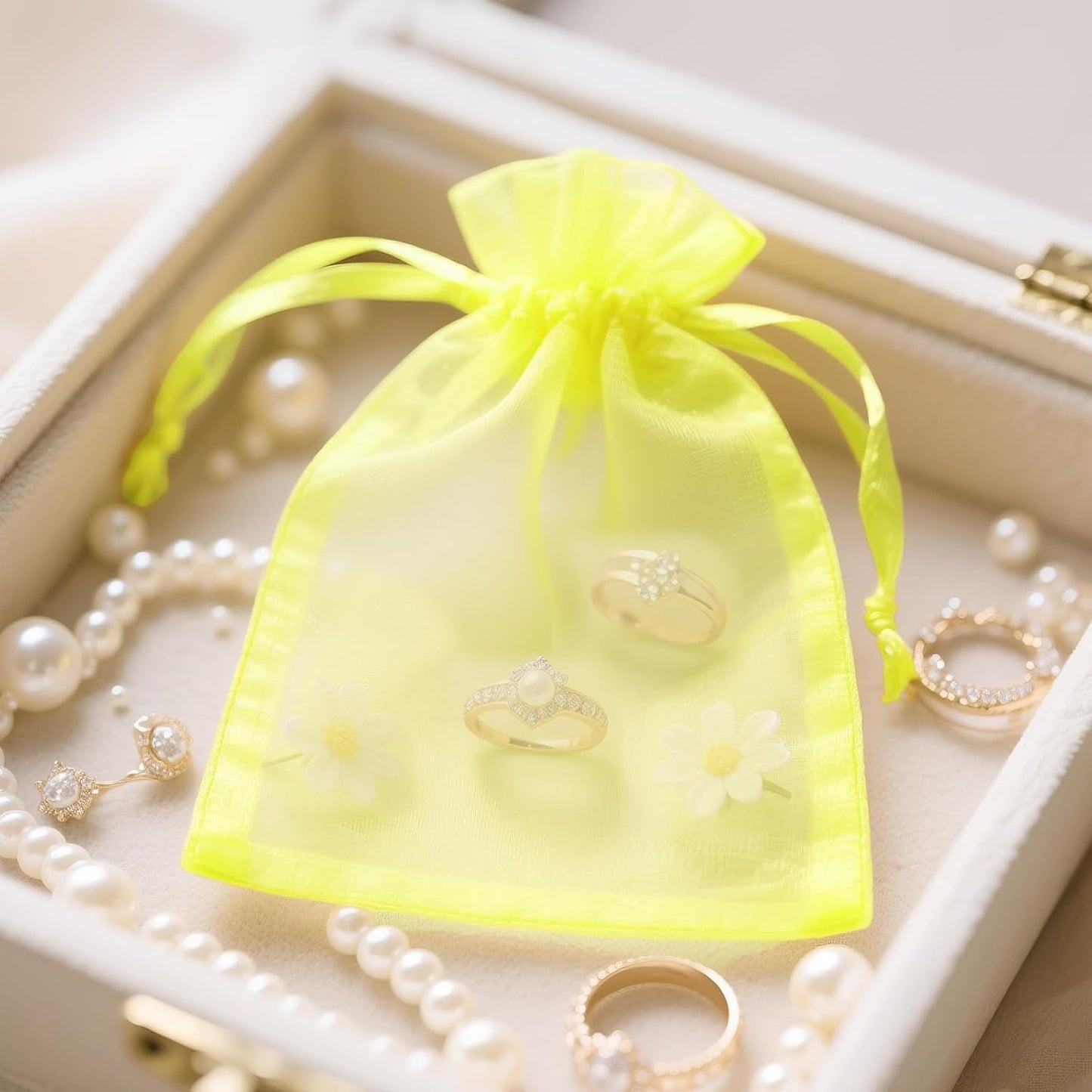 100PCS Yellow Organza Bags, 4x6 in Sheer Mesh Drawstring Bag | Jewelry Pouches, Small Tulle Candy Bag, for Christmas, Wedding Party Favors, Birthday, Holiday Packaging, Baby Shower