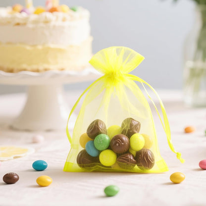 100PCS Yellow Organza Bags, 4x6 in Sheer Mesh Drawstring Bag | Jewelry Pouches, Small Tulle Candy Bag, for Christmas, Wedding Party Favors, Birthday, Holiday Packaging, Baby Shower