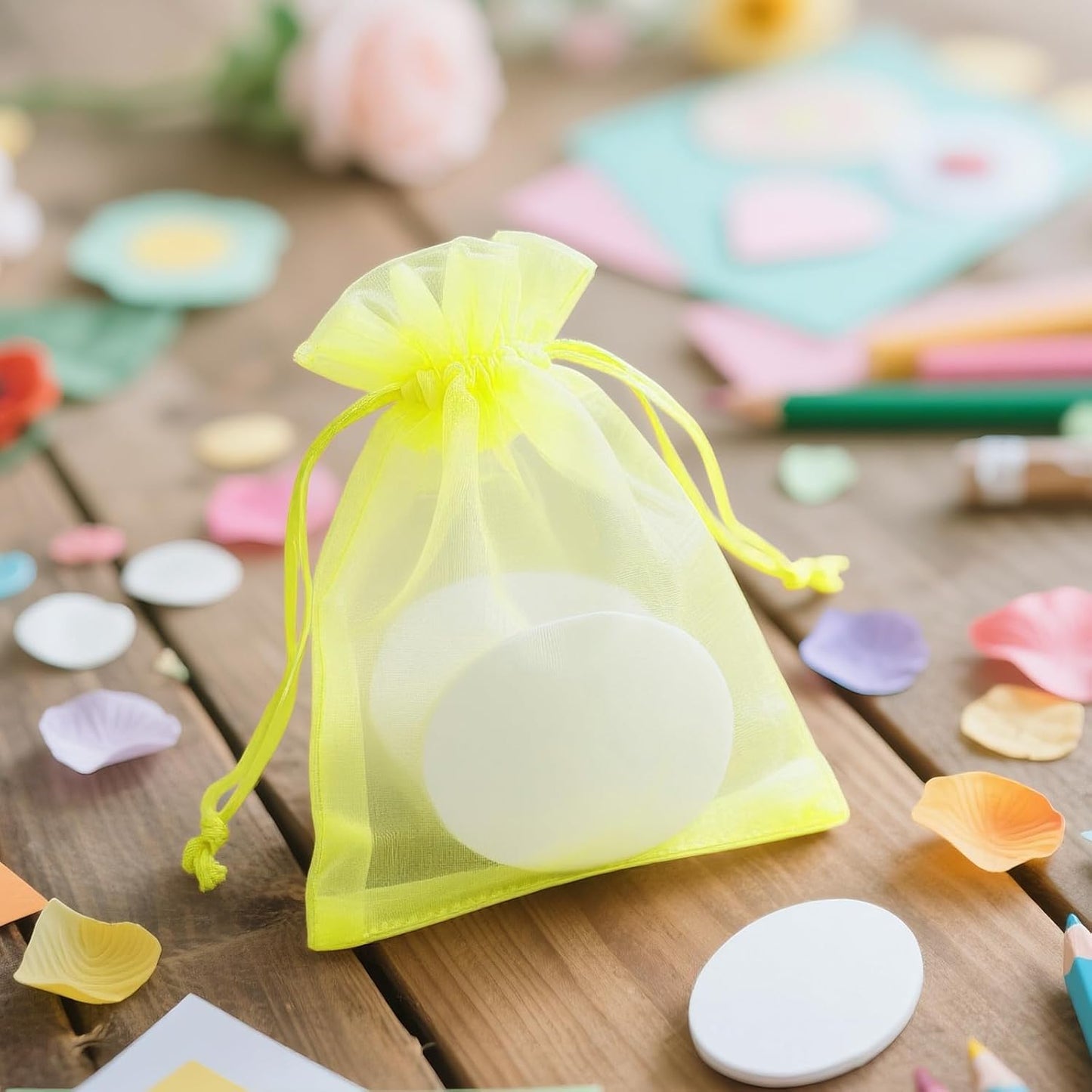 100PCS Yellow Organza Bags, 4x6 in Sheer Mesh Drawstring Bag | Jewelry Pouches, Small Tulle Candy Bag, for Christmas, Wedding Party Favors, Birthday, Holiday Packaging, Baby Shower