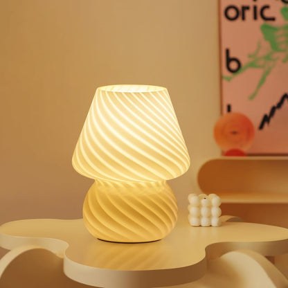 Mushroom Lamp-Small Bedside Table Lamp with Striped Glass, Nightstand Night Light for Bedroom Living Room, 3000K 6.5W Bulb Included, for Christmas Day, Creamy Yellow