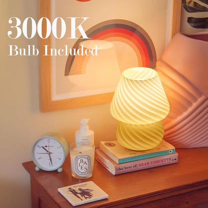 Mushroom Lamp-Small Bedside Table Lamp with Striped Glass, Nightstand Night Light for Bedroom Living Room, 3000K 6.5W Bulb Included, for Christmas Day, Creamy Yellow