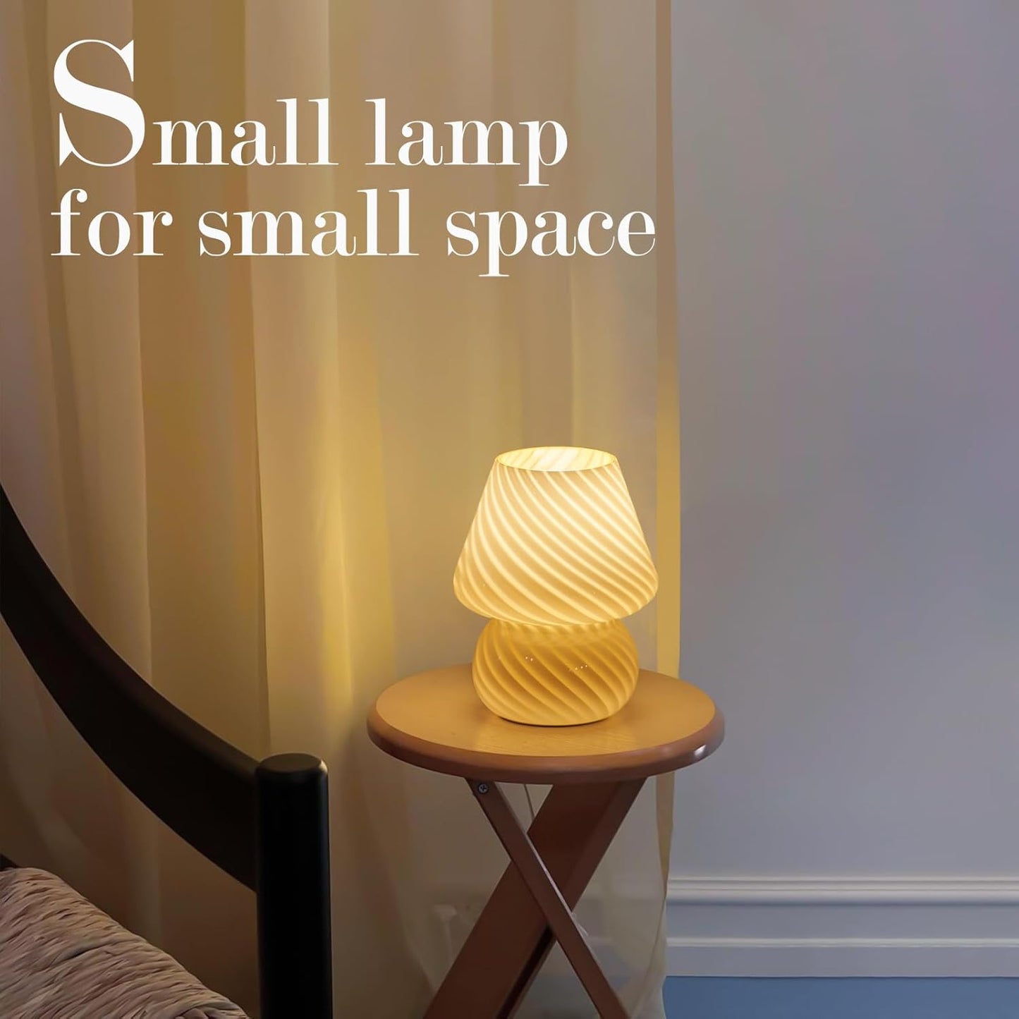 Mushroom Lamp-Small Bedside Table Lamp with Striped Glass, Nightstand Night Light for Bedroom Living Room, 3000K 6.5W Bulb Included, for Christmas Day, Creamy Yellow