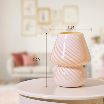 Mushroom Lamp-Small Bedside Table Lamp with Striped Glass, Nightstand Night Light for Bedroom Living Room, 3000K 6.5W Bulb Included, for Christmas Day, Creamy Yellow
