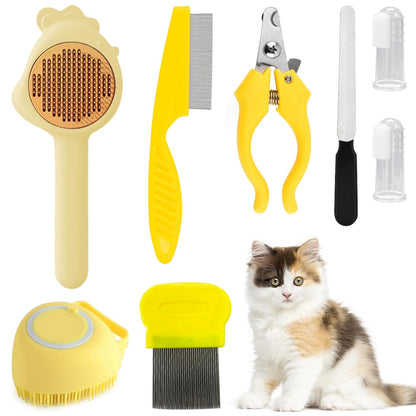 8 Pcs Cat Brush Grooming Kits, Pet Self Cleaning Kit with Pet Nail Clipper and File, Flea Comb, Pet Shampoo Bath Brush, Pet Shedding Brush, Silicone Toothbrush (Yellow)