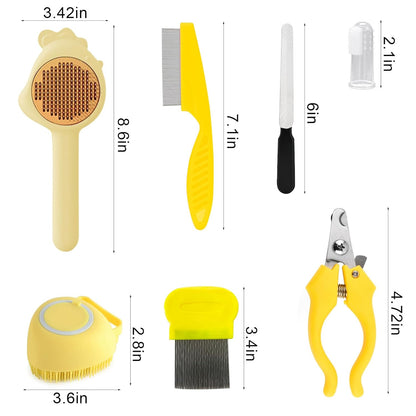 8 Pcs Cat Brush Grooming Kits, Pet Self Cleaning Kit with Pet Nail Clipper and File, Flea Comb, Pet Shampoo Bath Brush, Pet Shedding Brush, Silicone Toothbrush (Yellow)