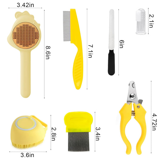 8 Pcs Cat Brush Grooming Kits, Pet Self Cleaning Kit with Pet Nail Clipper and File, Flea Comb, Pet Shampoo Bath Brush, Pet Shedding Brush, Silicone Toothbrush (Yellow)