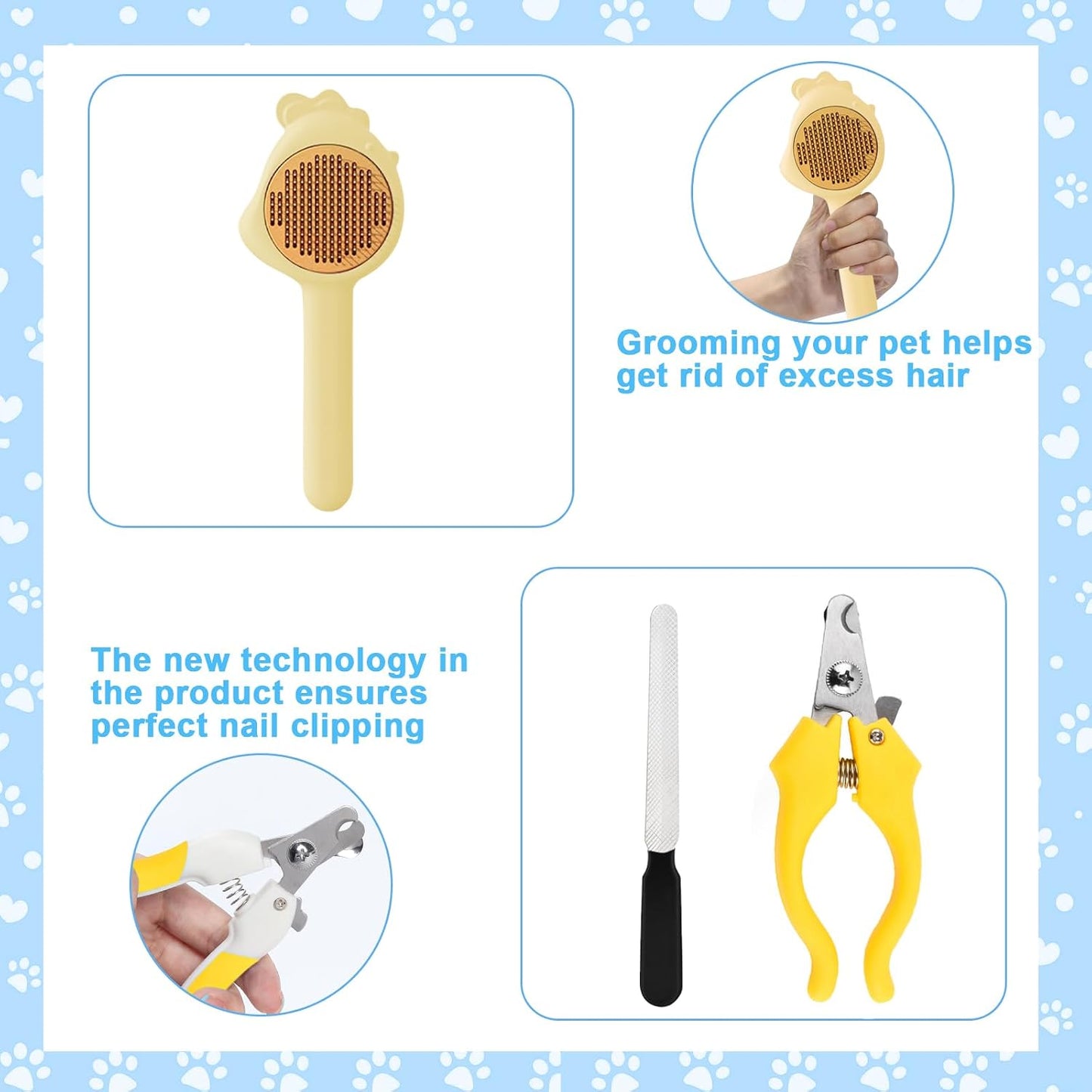 8 Pcs Cat Brush Grooming Kits, Pet Self Cleaning Kit with Pet Nail Clipper and File, Flea Comb, Pet Shampoo Bath Brush, Pet Shedding Brush, Silicone Toothbrush (Yellow)