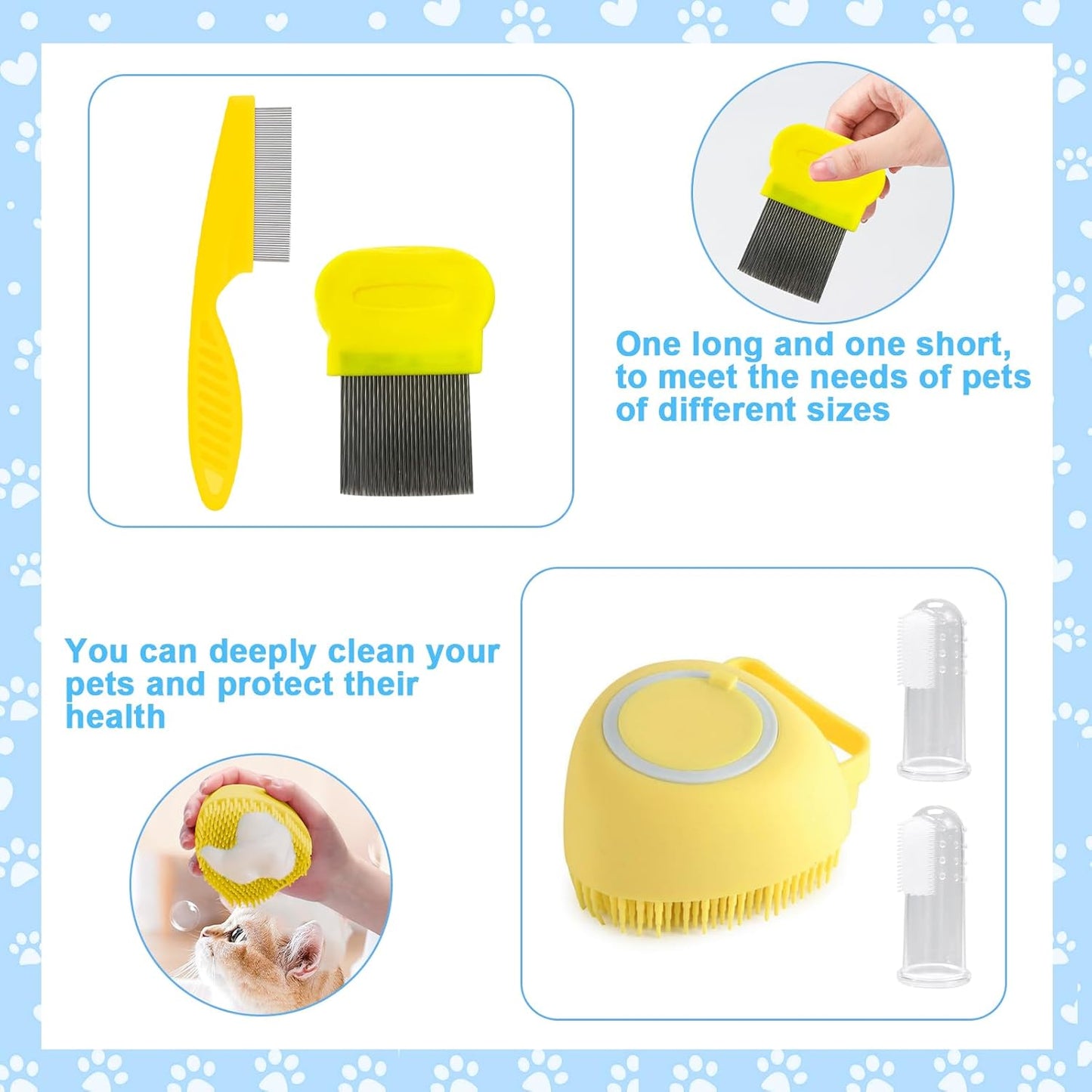 8 Pcs Cat Brush Grooming Kits, Pet Self Cleaning Kit with Pet Nail Clipper and File, Flea Comb, Pet Shampoo Bath Brush, Pet Shedding Brush, Silicone Toothbrush (Yellow)