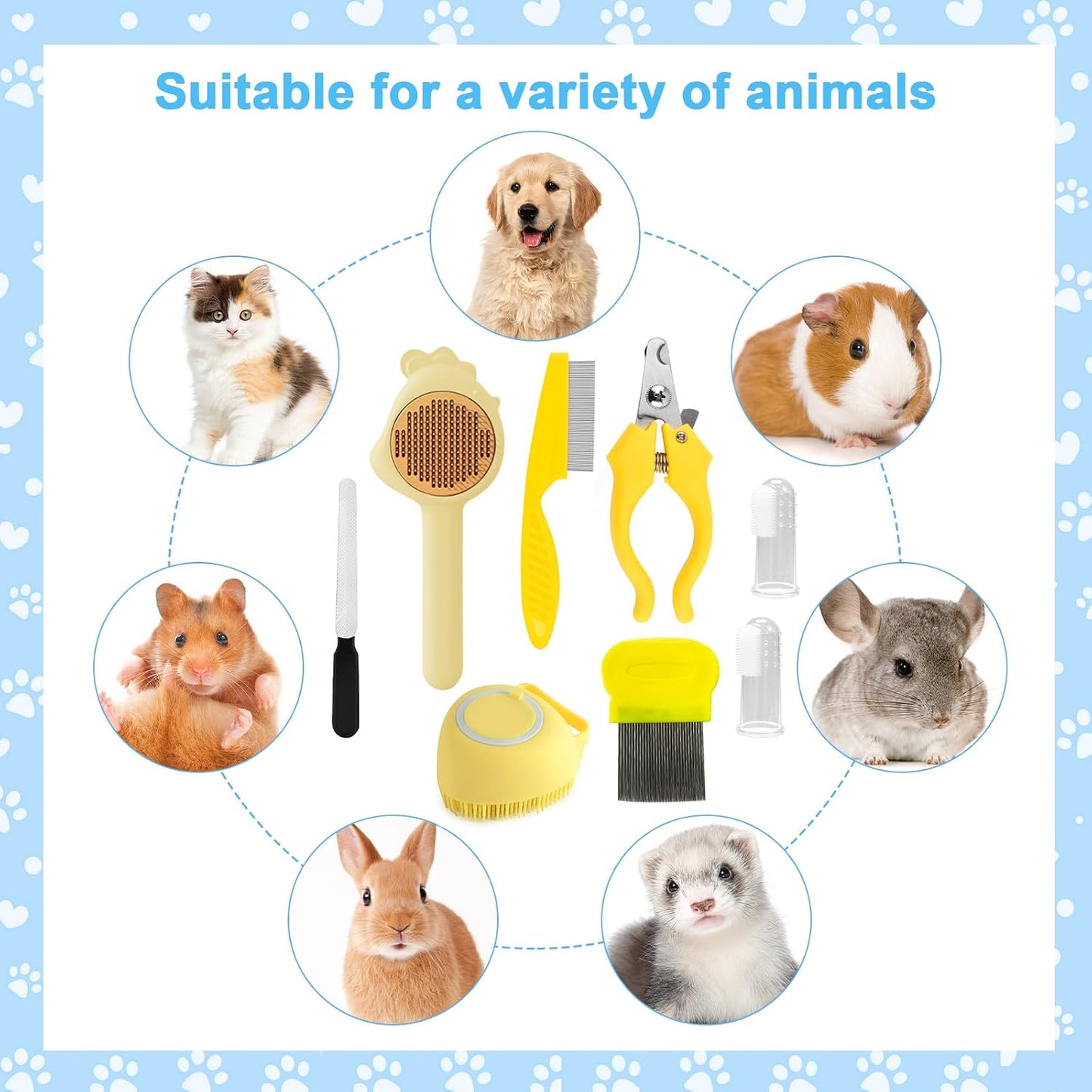 8 Pcs Cat Brush Grooming Kits, Pet Self Cleaning Kit with Pet Nail Clipper and File, Flea Comb, Pet Shampoo Bath Brush, Pet Shedding Brush, Silicone Toothbrush (Yellow)