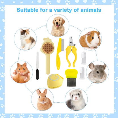 8 Pcs Cat Brush Grooming Kits, Pet Self Cleaning Kit with Pet Nail Clipper and File, Flea Comb, Pet Shampoo Bath Brush, Pet Shedding Brush, Silicone Toothbrush (Yellow)