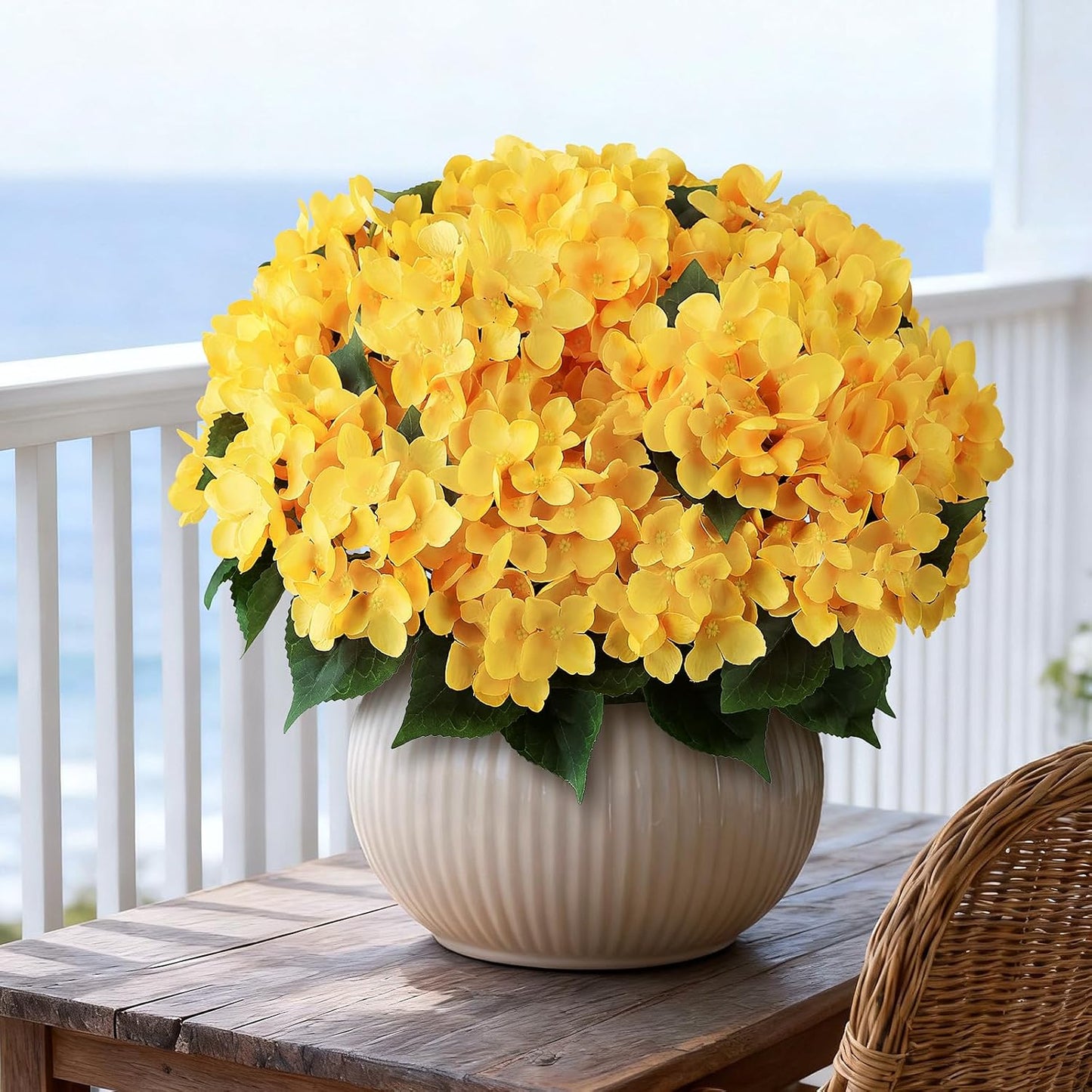 2 Sets 22" Artificial Hydrangea Flower Topiary Trees for Porch (Yellow) | with Pots,No Assembly Needed,Faux Silk Flower Potted Plant,for Front Door Farmhouse Garden Home Outdoor Spring Summer Decor