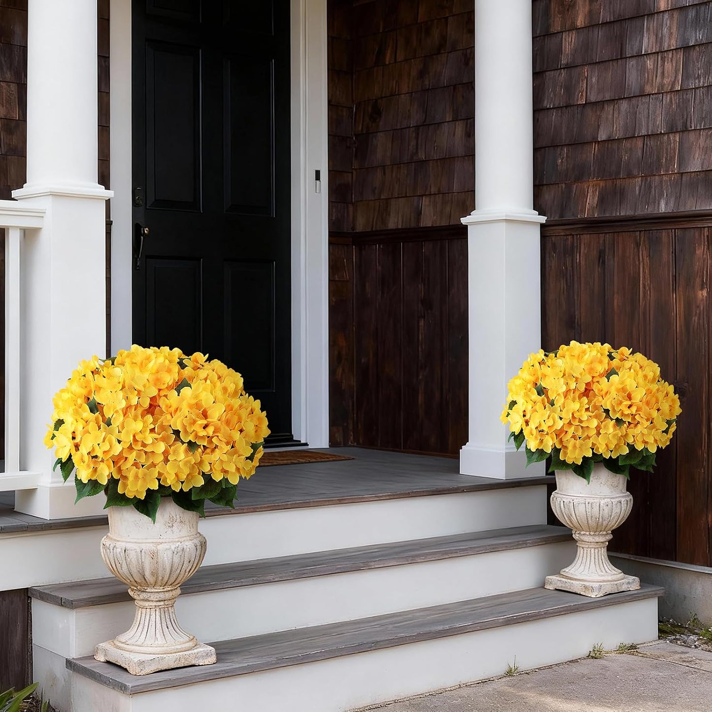 2 Sets 22" Artificial Hydrangea Flower Topiary Trees for Porch (Yellow) | with Pots,No Assembly Needed,Faux Silk Flower Potted Plant,for Front Door Farmhouse Garden Home Outdoor Spring Summer Decor