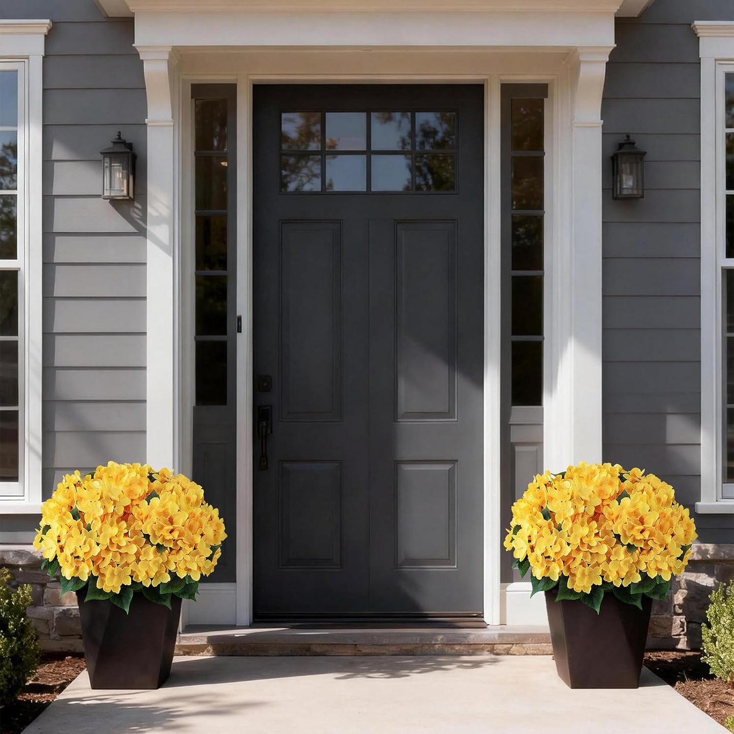 2 Sets 22" Artificial Hydrangea Flower Topiary Trees for Porch (Yellow) | with Pots,No Assembly Needed,Faux Silk Flower Potted Plant,for Front Door Farmhouse Garden Home Outdoor Spring Summer Decor