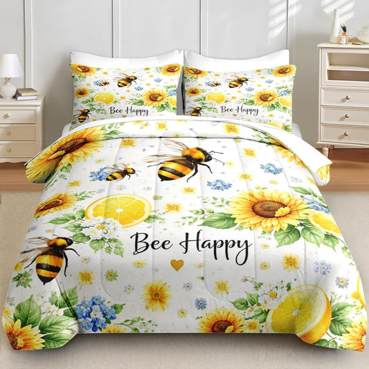 5 Pcs Comforter Set Twin Size, Sunflower Bee Lemon Bedding for Kids and Adults, Floral Farmhouse Bed Sheet Sets with Fitted Sheet Pillowcase & Sham for Bedroom Bed Decor