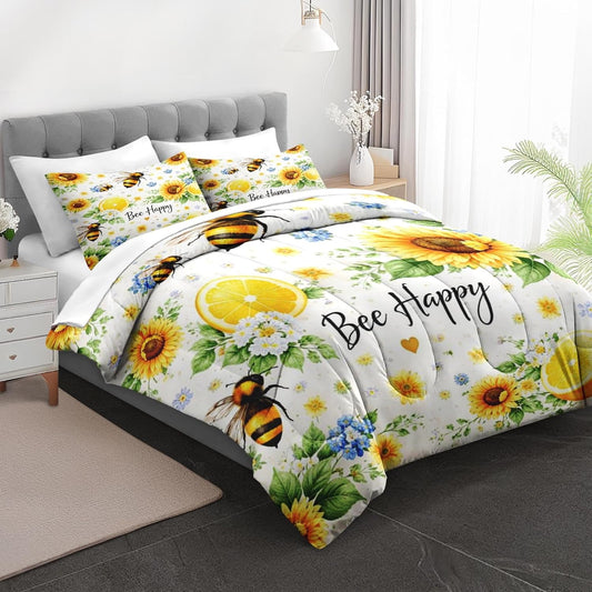 5 Pcs Comforter Set Twin Size, Sunflower Bee Lemon Bedding for Kids and Adults, Floral Farmhouse Bed Sheet Sets with Fitted Sheet Pillowcase & Sham for Bedroom Bed Decor