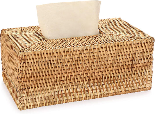 Tissue Box Cover Rectangle Tissue Box Rattan Tissue Box Holder,Wicker Decorative Tissue Holder for Bathroom Toilet Living Room Kitchen Office Table Desk, Yellow