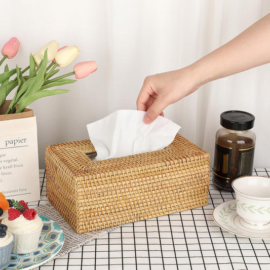 Tissue Box Cover Rectangle Tissue Box Rattan Tissue Box Holder,Wicker Decorative Tissue Holder for Bathroom Toilet Living Room Kitchen Office Table Desk, Yellow