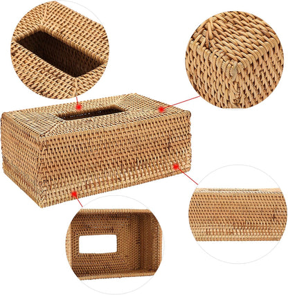Tissue Box Cover Rectangle Tissue Box Rattan Tissue Box Holder,Wicker Decorative Tissue Holder for Bathroom Toilet Living Room Kitchen Office Table Desk, Yellow