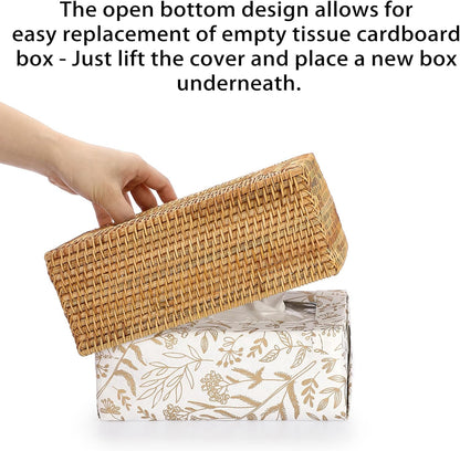 Tissue Box Cover Rectangle Tissue Box Rattan Tissue Box Holder,Wicker Decorative Tissue Holder for Bathroom Toilet Living Room Kitchen Office Table Desk, Yellow