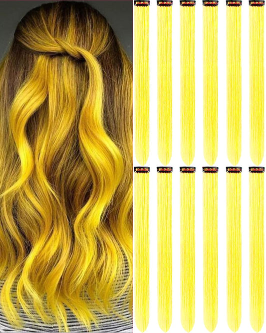 12 PCS Yellow Hair Extensions Clip in, Colorful Hair Accessories Set | Yellow Wig Extensions, Long Straight Synthetic Hairpieces for Girls Kids Women, Party Cosplay and Daily Wear