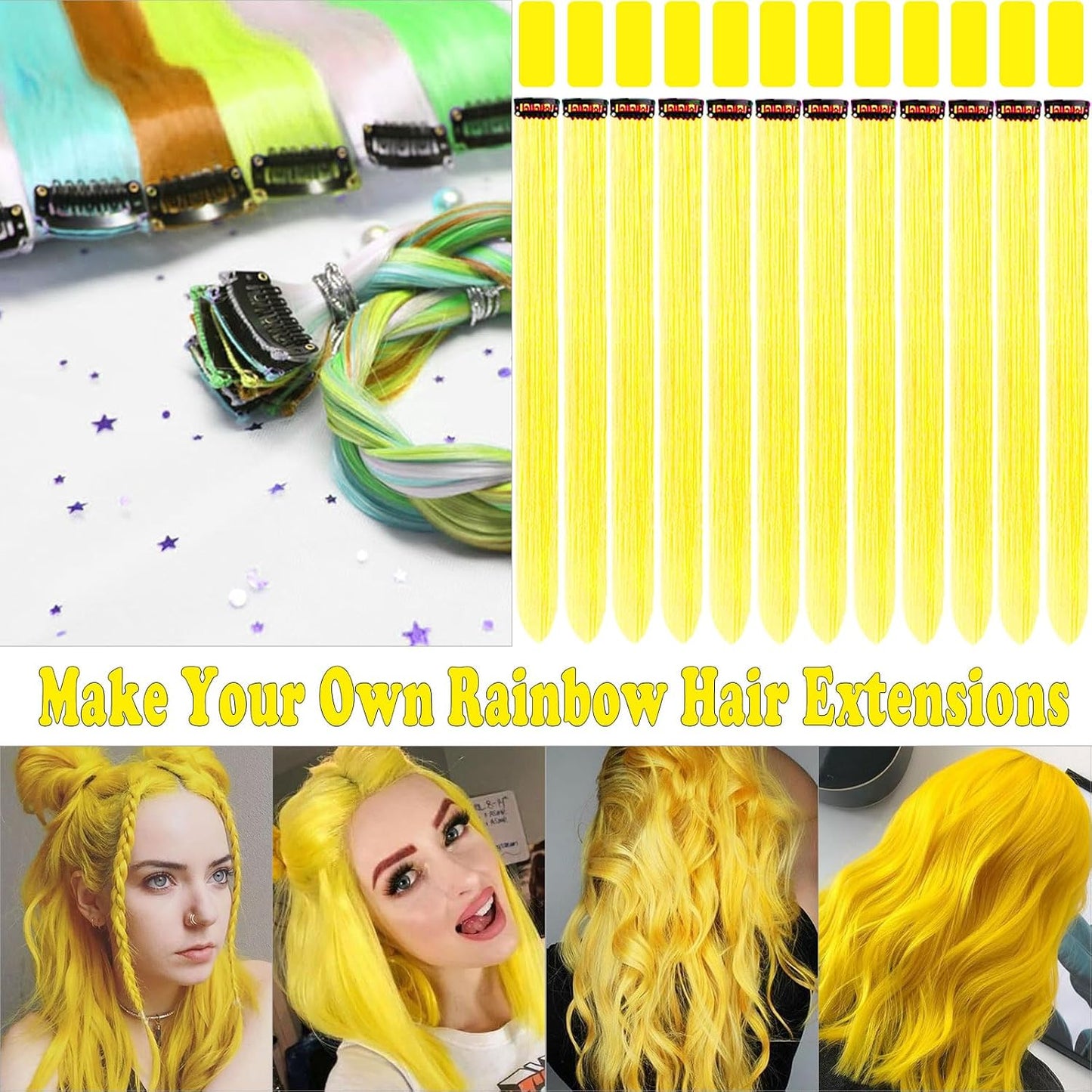 12 PCS Yellow Hair Extensions Clip in, Colorful Hair Accessories Set | Yellow Wig Extensions, Long Straight Synthetic Hairpieces for Girls Kids Women, Party Cosplay and Daily Wear