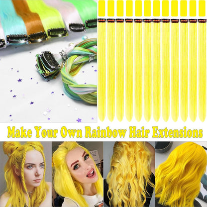 12 PCS Yellow Hair Extensions Clip in, Colorful Hair Accessories Set | Yellow Wig Extensions, Long Straight Synthetic Hairpieces for Girls Kids Women, Party Cosplay and Daily Wear