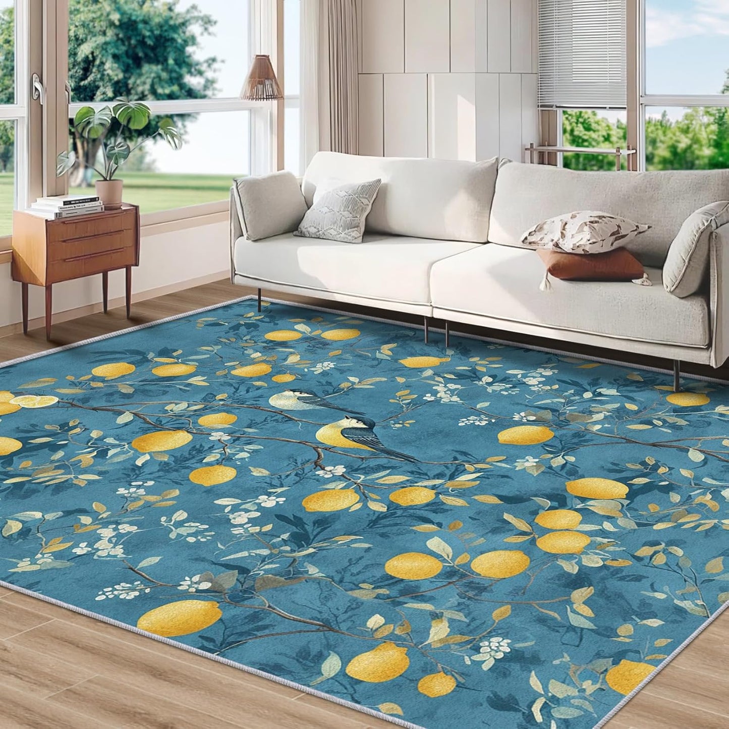 Lemon Tree Branch Rug, Washable Blue Mediterranean Style Area Rugs 3x5 - Orchard Fruit Citrus Carpet, Bedroom, Living Room, Home Decor, Soft, Non Slip, Non Shedding