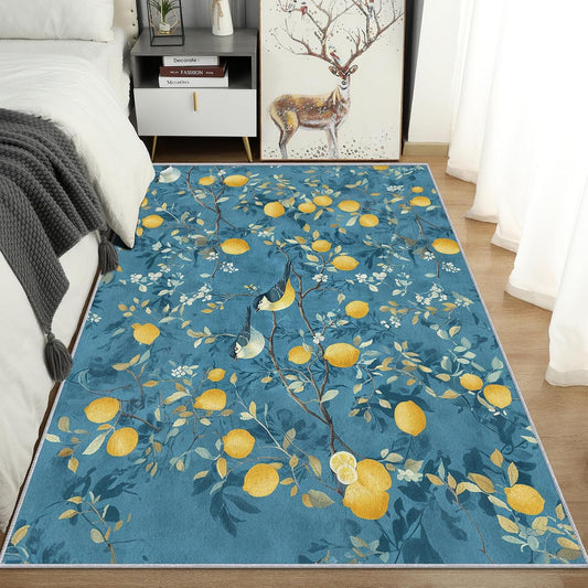 Lemon Tree Branch Rug, Washable Blue Mediterranean Style Area Rugs 3x5 - Orchard Fruit Citrus Carpet, Bedroom, Living Room, Home Decor, Soft, Non Slip, Non Shedding