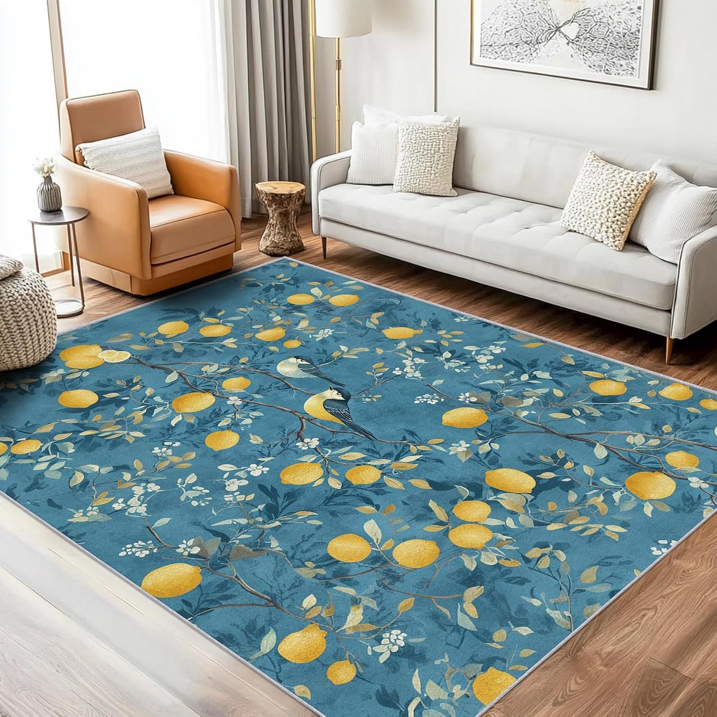 Lemon Tree Branch Rug, Washable Blue Mediterranean Style Area Rugs 3x5 - Orchard Fruit Citrus Carpet, Bedroom, Living Room, Home Decor, Soft, Non Slip, Non Shedding