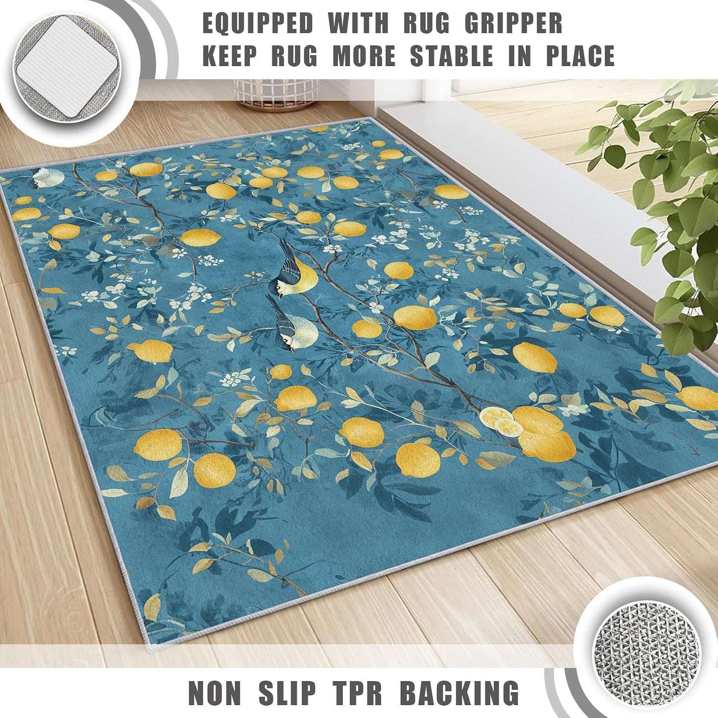 Lemon Tree Branch Rug, Washable Blue Mediterranean Style Area Rugs 3x5 - Orchard Fruit Citrus Carpet, Bedroom, Living Room, Home Decor, Soft, Non Slip, Non Shedding