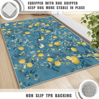 Lemon Tree Branch Rug, Washable Blue Mediterranean Style Area Rugs 3x5 - Orchard Fruit Citrus Carpet, Bedroom, Living Room, Home Decor, Soft, Non Slip, Non Shedding
