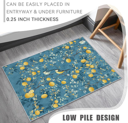 Lemon Tree Branch Rug, Washable Blue Mediterranean Style Area Rugs 3x5 - Orchard Fruit Citrus Carpet, Bedroom, Living Room, Home Decor, Soft, Non Slip, Non Shedding