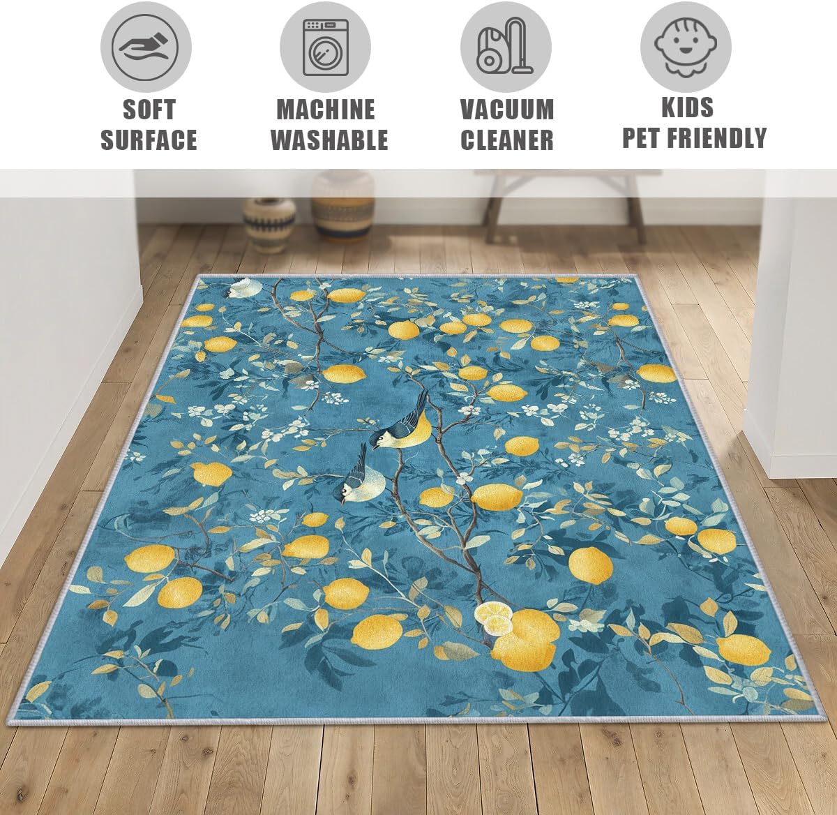 Lemon Tree Branch Rug, Washable Blue Mediterranean Style Area Rugs 3x5 - Orchard Fruit Citrus Carpet, Bedroom, Living Room, Home Decor, Soft, Non Slip, Non Shedding