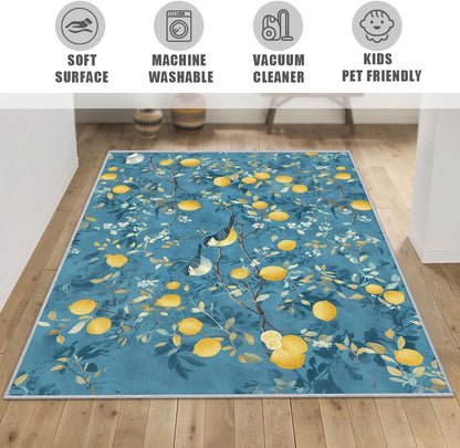 Lemon Tree Branch Rug, Washable Blue Mediterranean Style Area Rugs 3x5 - Orchard Fruit Citrus Carpet, Bedroom, Living Room, Home Decor, Soft, Non Slip, Non Shedding