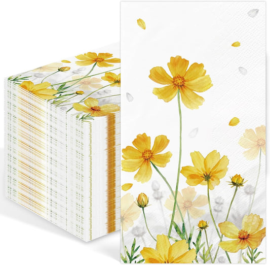 100 Pcs Floral Napkins Decorative Yellow Galsang Floral Hand Napkin Watercolor Wildflower Disposable Guest Paper Towels for Kitchen Dinner Wedding Birthday Bridal Shower Anniversary