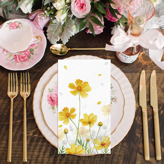 100 Pcs Floral Napkins Decorative Yellow Galsang Floral Hand Napkin Watercolor Wildflower Disposable Guest Paper Towels for Kitchen Dinner Wedding Birthday Bridal Shower Anniversary