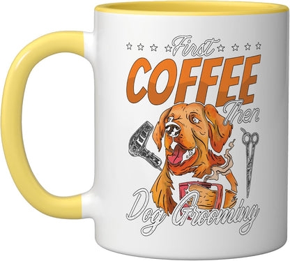 First Coffee Then Pet Care Grooming Animal Salon Pet Groomer Ceramic Mug, Yellow/White, 11oz