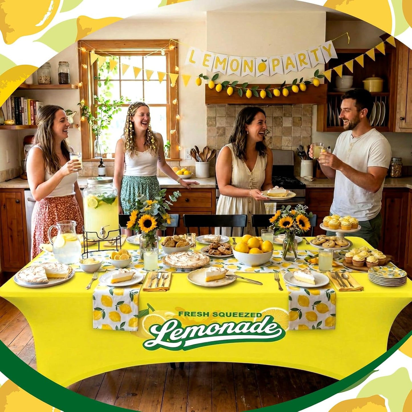2 Pcs Lemonade Stand Supplies Tablecloth 6ft Lemonade Stretch Table Covers Lemon Spandex Tablecloth for Standard Folding Tables Summer Gathering Beach Picnic Lemon Birthday Party Decoration