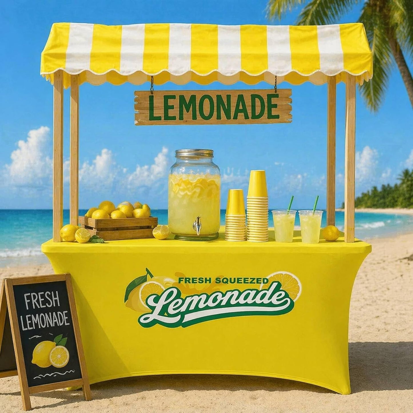 2 Pcs Lemonade Stand Supplies Tablecloth 6ft Lemonade Stretch Table Covers Lemon Spandex Tablecloth for Standard Folding Tables Summer Gathering Beach Picnic Lemon Birthday Party Decoration