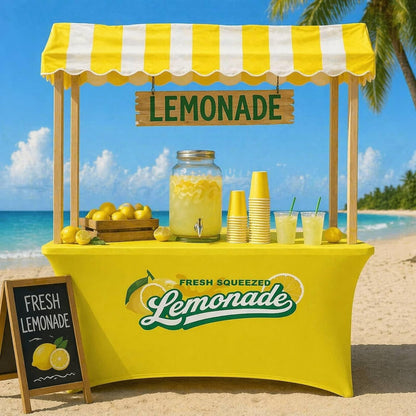 2 Pcs Lemonade Stand Supplies Tablecloth 6ft Lemonade Stretch Table Covers Lemon Spandex Tablecloth for Standard Folding Tables Summer Gathering Beach Picnic Lemon Birthday Party Decoration
