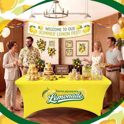 2 Pcs Lemonade Stand Supplies Tablecloth 6ft Lemonade Stretch Table Covers Lemon Spandex Tablecloth for Standard Folding Tables Summer Gathering Beach Picnic Lemon Birthday Party Decoration