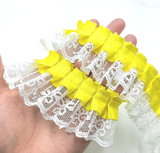 2 Yards Yellow Lace Pleated Chiffon Lace Trims White Vintage Lace Ribbons for Bridal Wedding Decorations Sewing Supplies DIY Craft Handmade Costume Decoration - 1.8"Inch