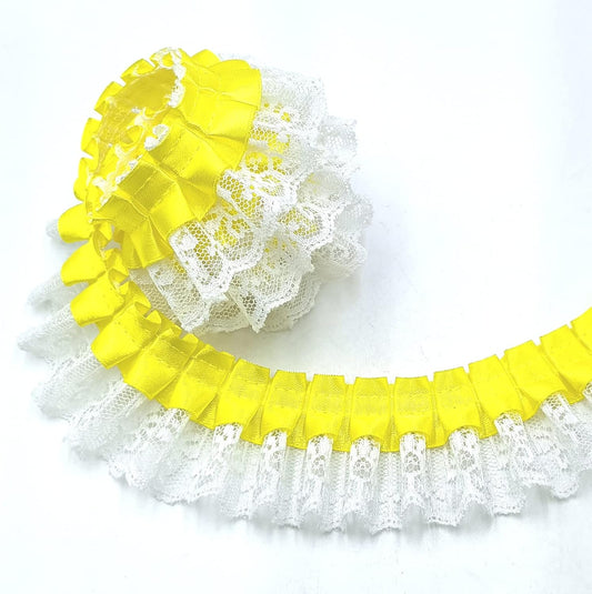 2 Yards Yellow Lace Pleated Chiffon Lace Trims White Vintage Lace Ribbons for Bridal Wedding Decorations Sewing Supplies DIY Craft Handmade Costume Decoration - 1.8"Inch
