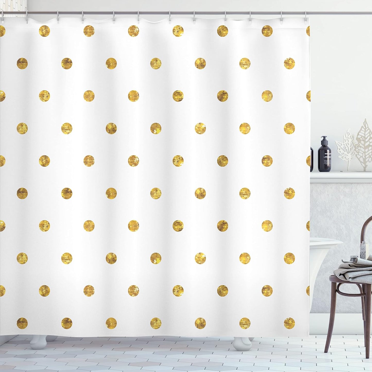 Modern Shower Curtain, Blurry Crystalised Yellow Ombre Geometric Circles Rounds Plain Backdrop Print, Cloth Fabric Bathroom Decor Set with Hooks, 69" W x 70" L, Yellow White