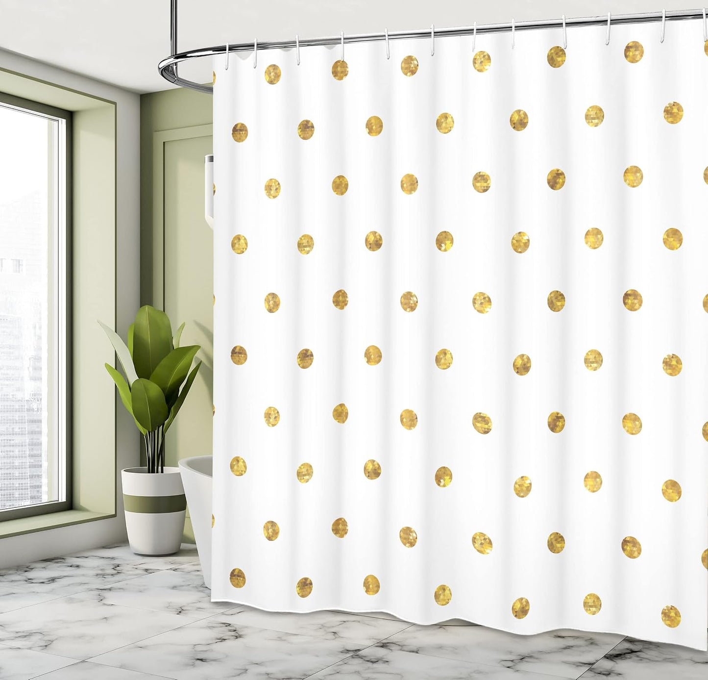 Modern Shower Curtain, Blurry Crystalised Yellow Ombre Geometric Circles Rounds Plain Backdrop Print, Cloth Fabric Bathroom Decor Set with Hooks, 69" W x 70" L, Yellow White