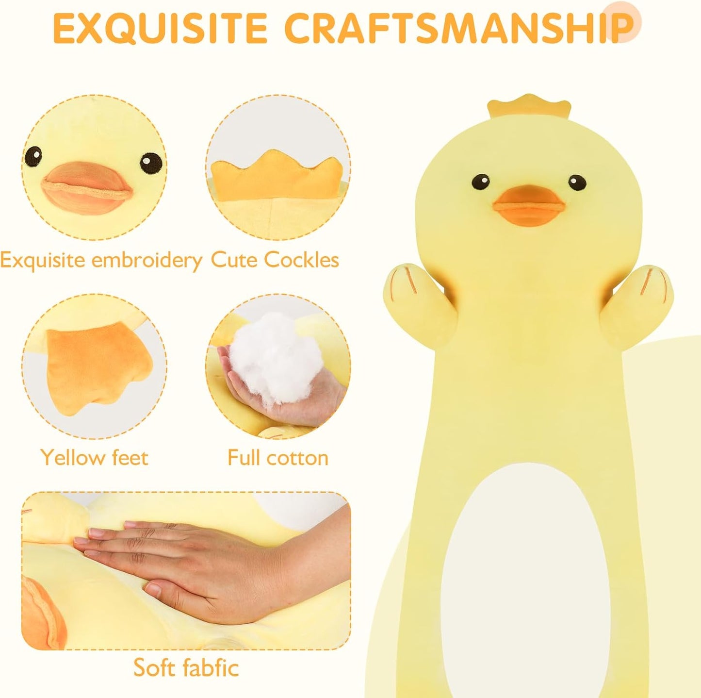 22 Inch Cute Duck Plush Body Pillow, Soft Squishy Yellow Duck Plush Stuffed Animal Large Toy, Cuddle Long Pillow Plushies Gift for Kids Boys and Girls, Birthday